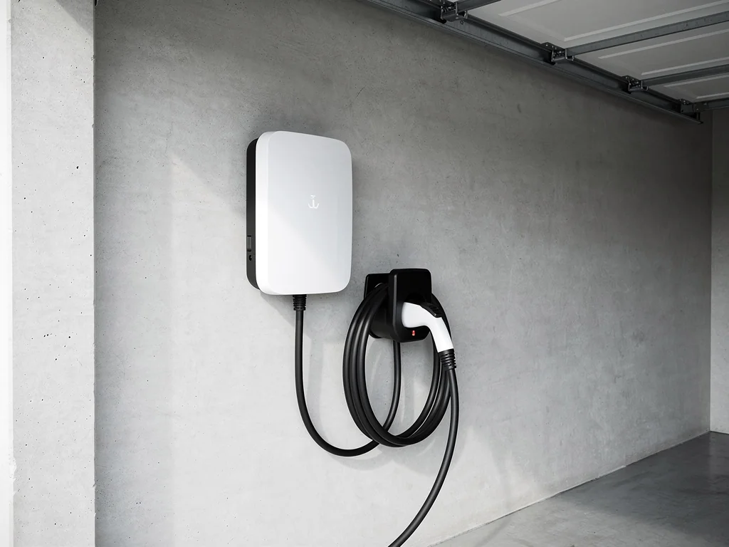 Borne de recharge murale IRVE fixée dans le garage d'un particulier