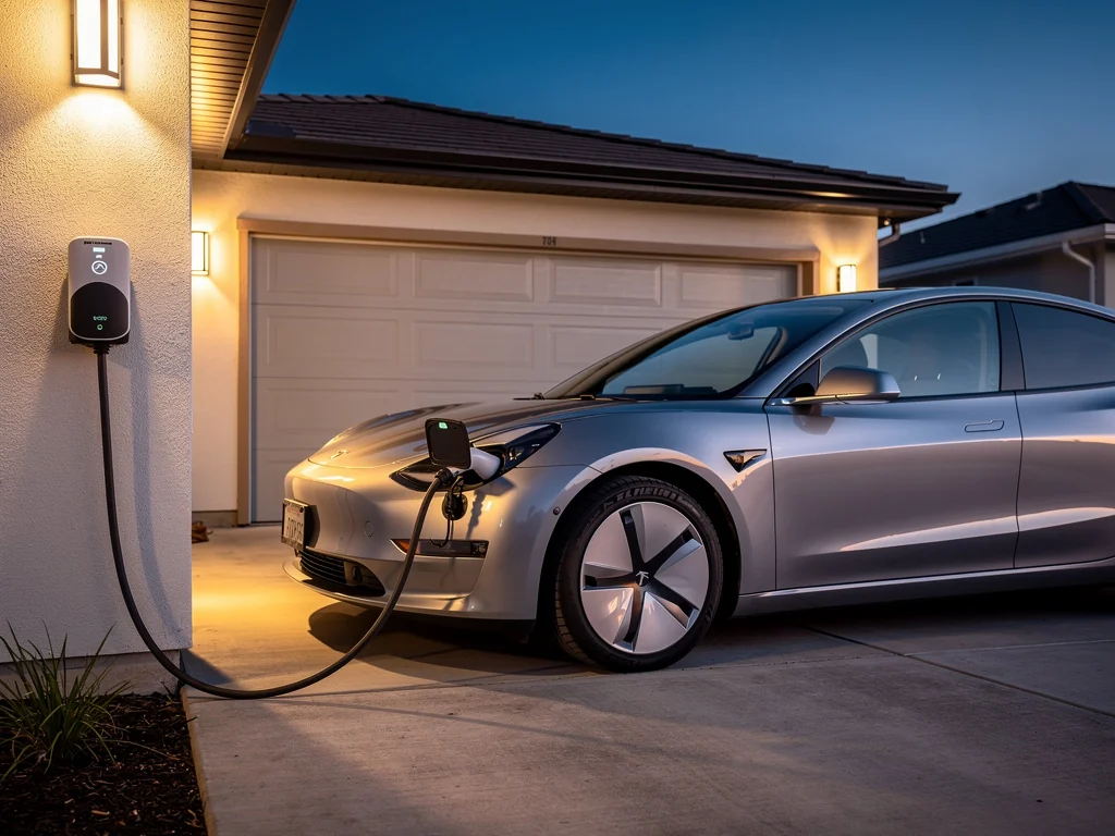Voiture électrique branchée sur une borne de recharge à domicile