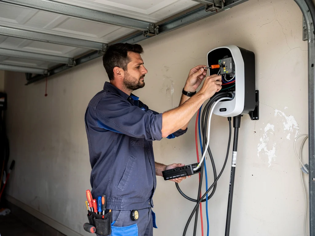 Électricien certifié IRVE raccordant une wallbox murale